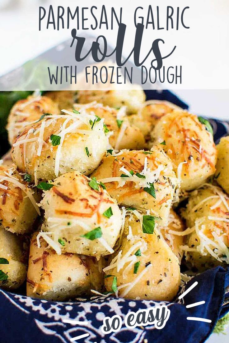 parmesan garlic rolls with frozen dough in a blue bowl