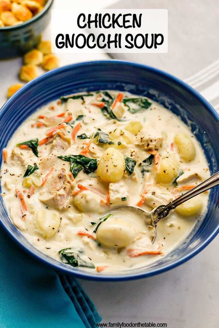 a blue bowl filled with chicken gnocchi soup