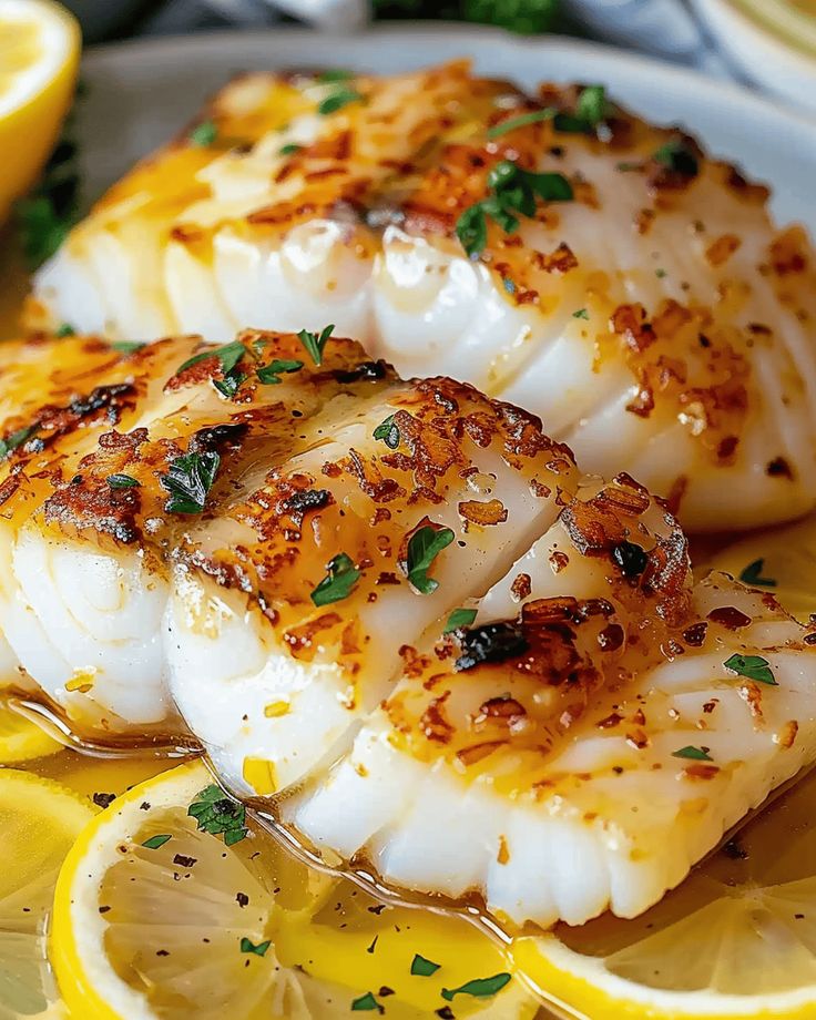 two scallops on a plate with lemon slices and parsley sprinkled