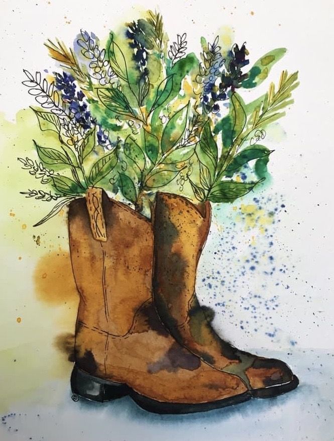 a painting of a boot with flowers in it