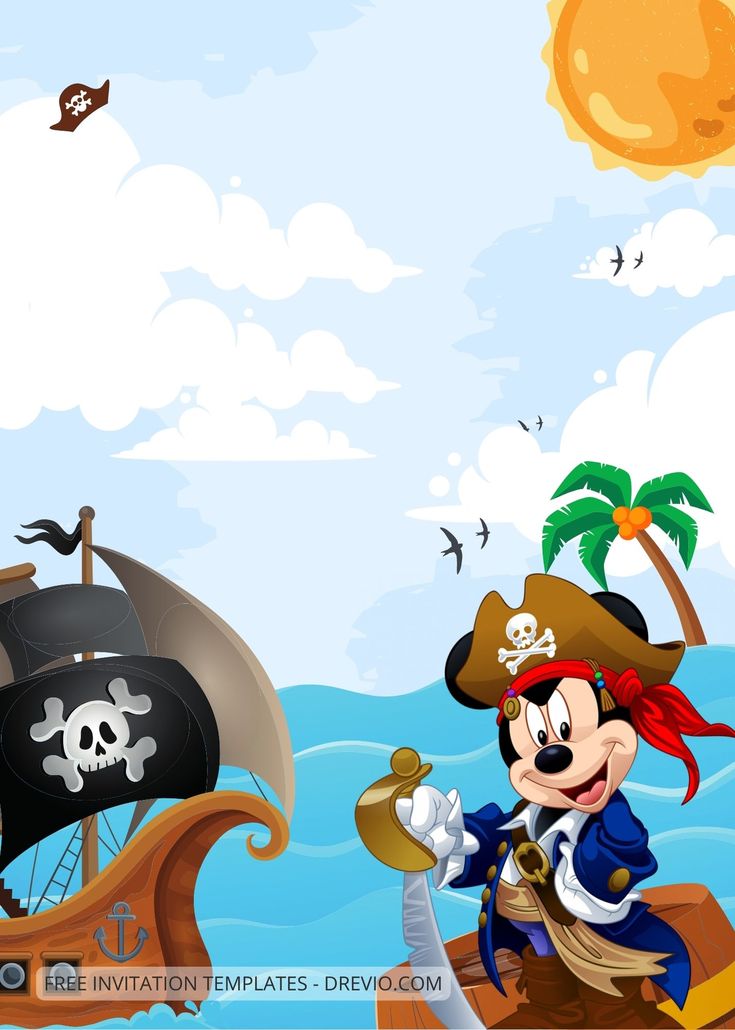 a mickey mouse pirate on a ship in the ocean