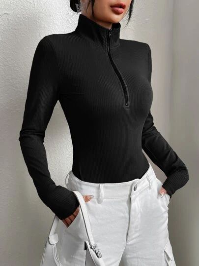 Comfy Jumpsuits, Ribbed Knit Bodysuit, Knit Bodysuit, Inspiration Mode, Affordable Clothes, Black Rib, Womens Bodysuit, Long Sleeve Bodysuit, Sport Fashion