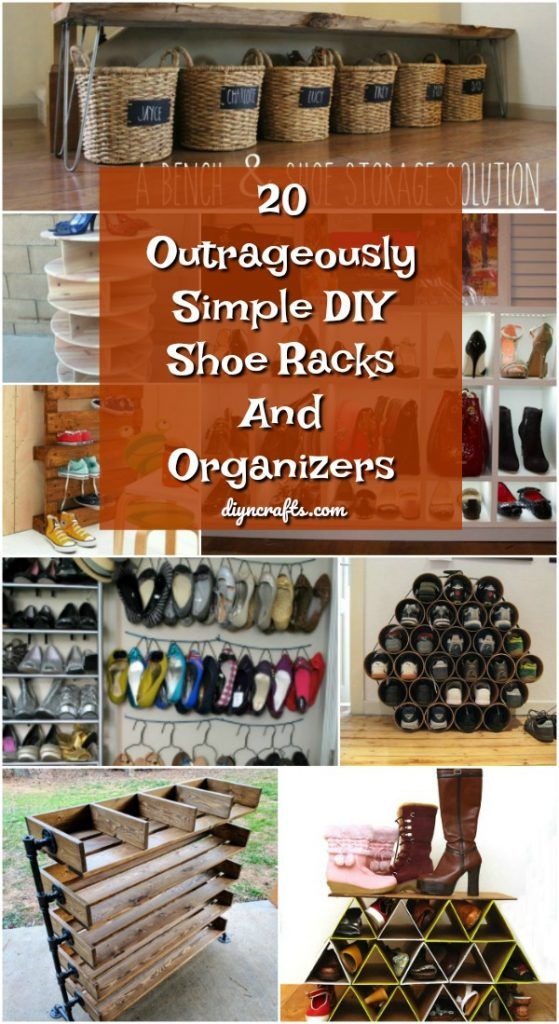 several different types of shoe racks and organizers with text overlay that reads 20 uniquely simple diy shoe racks and organizer