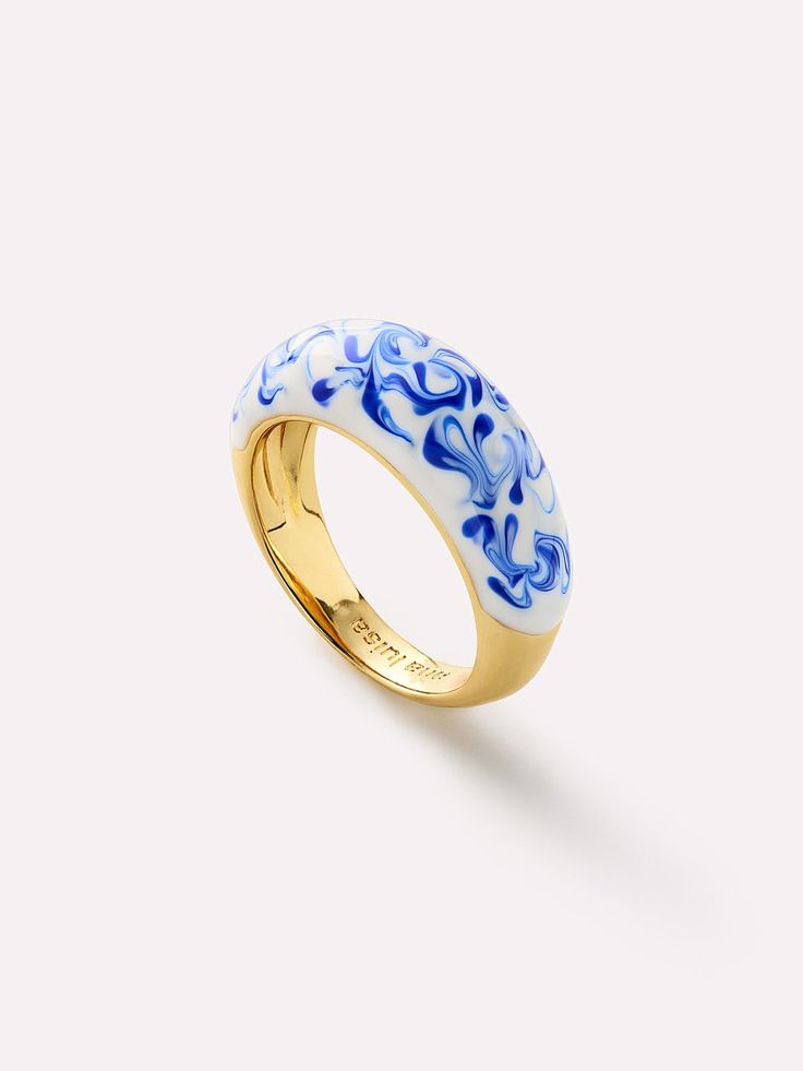 Blue Enamel Ring, Hand Painted Enamel Gold Rings, Blue Enamel Ring With Gemstone, Unique Blue Enamel Ring, Luxury Blue Enamel Ring, Ring Plate, Chunky Rings, Enamel Ring, Gold Enamel