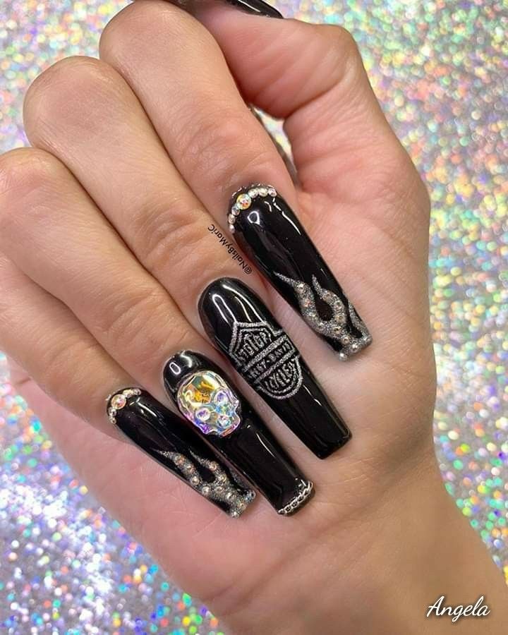 Harley Nails Designs Art Ideas, Biker Chic Nails, Biker Nails Designs Harley Davidson, Sturgis Nail Design, Harley Nails Designs, Harley Davidson Nails Ideas, Motorcycle Nails Designs, Harley Davidson Nails Design, Nails Motorcycle