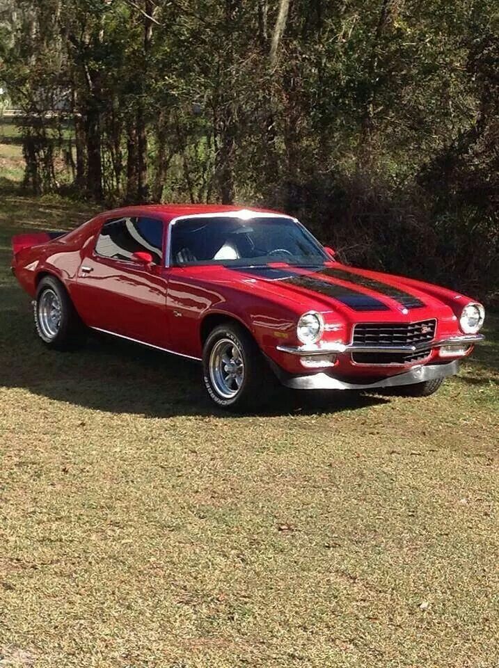 a red car parked on top of a grass covered field in front of some trees