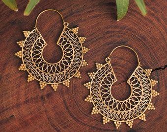 Mandala Earrings,brass Earrings, Hoop Earrings, Boho Earrings, Tribal Earrings, Gift for Her, Tribal Design, Ethnic Earrings - Etsy Festive Handmade Brass Hoop Earrings, Gold Handmade Hoop Earrings For Festivals, Festival Gold Handmade Hoop Earrings, Handmade Gold Hoop Earrings For Festivals, Artisan Gold Hoop Earrings For Festivals, Chandbali Brass Hoop Earrings As Gift, Traditional Handmade Adjustable Hoop Earrings, Brass Chandbali Hoop Earrings As Gift, Small Hoop Jewelry For Festivals As Gifts