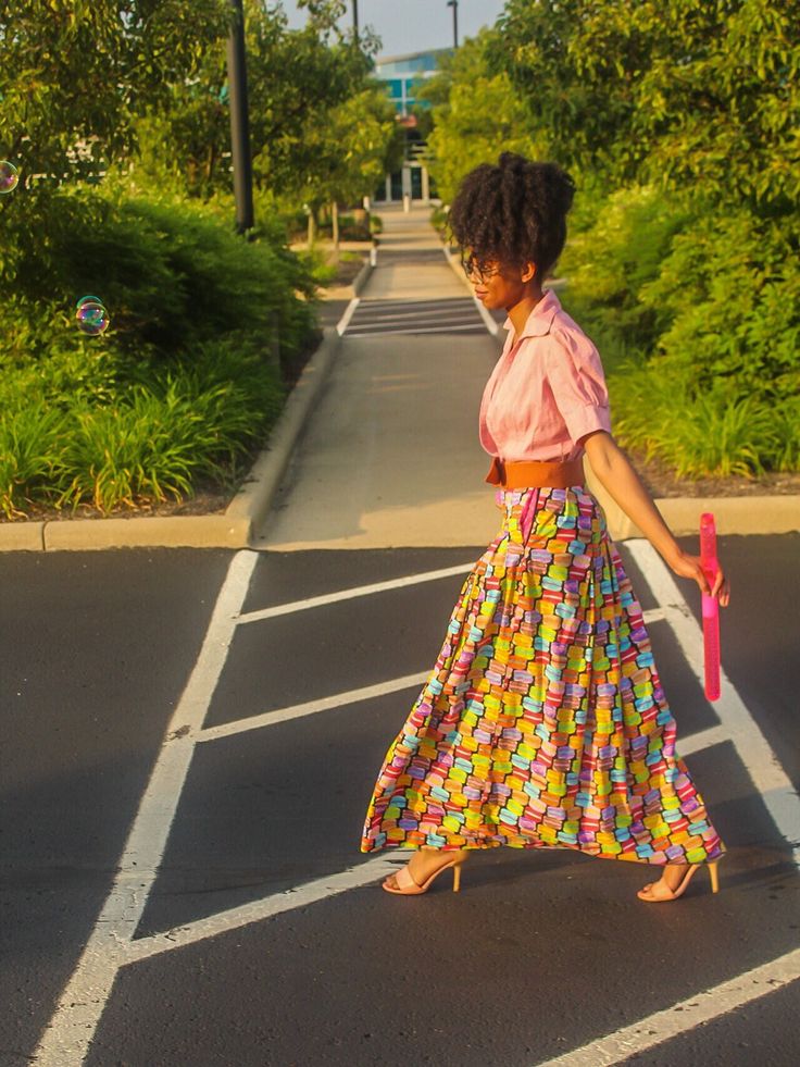 "I'm in love with this colorful macaroon maxi skirt ! Skirt length is 42 1/2 \", and waist is 34\" around. ( it is pinned to my size in the picture for modeling purposes) Zip and button closure on the side. Cotton material. Has pink polka dot pockets. Belt not included.  Every miasworkshop skirt is unique, one of a kind, and special for you. It can not be reproduced ☺️" Multicolor Relaxed Maxi Skirt With Gathered Detail, Relaxed Multicolor Gathered Maxi Skirt, Spring Vacation Full Maxi Skirt, Lined Maxi Skirt For Day Out, Maxi Skirt For Day Out With Lining, Vacation Pleated Flared Maxi Skirt, Pleated Flared Maxi Skirt For Vacation, Vacation Pleated Maxi Skirt, Flowy Multicolor Maxi Skirt For Day Out