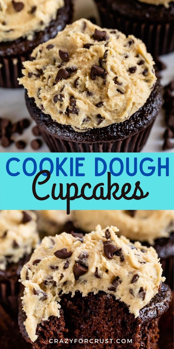 chocolate cupcakes with frosting and chocolate chips on top are shown in this collage