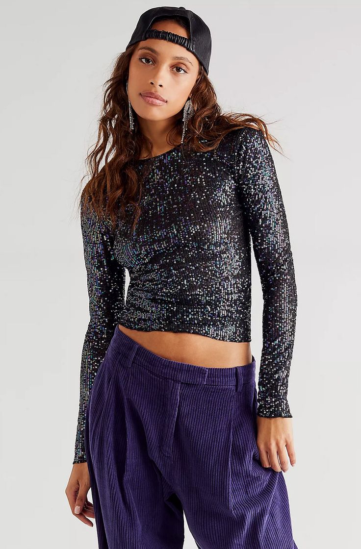 Statement-making in sequins, this stunning long sleeve features an allover embellished design for the perfect, occasion-ready must-have. Gold Rush, Boho Clothing, High Neckline, Small Bust, Boho Outfits, Color Coding, Rush, Final Sale, Must Haves