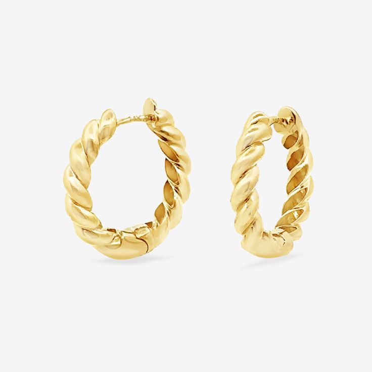 Add a twist to your style with our solid gold twist huggie earrings! These twisted solid gold hoops add a touch of playfulness and uniqueness to any look. Pair them with anything from our Simply Gold Collection for a look of total luxury. Solid Gold 14K Yellow Gold Length: 1/2 Inch Modern Twist Small Hoop Earrings In Yellow Gold, Modern Twist Tarnish Resistant Twisted Earrings, Modern Twist Yellow Gold Huggie Earrings, Modern Twist 14k Gold Earrings, Modern Twist Yellow Gold Small Hoop Earrings, Gold Twisted Huggie Earrings, Twisted Yellow Gold Hoop Earrings For Everyday, Twisted 14k Gold Earrings, Twisted 14k Yellow Gold Earrings