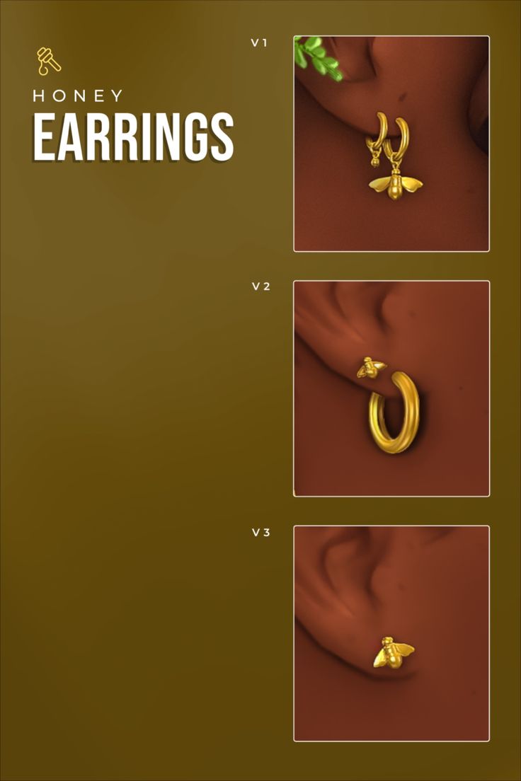 three images of gold earrings with the words, money earings v 1 and v 2