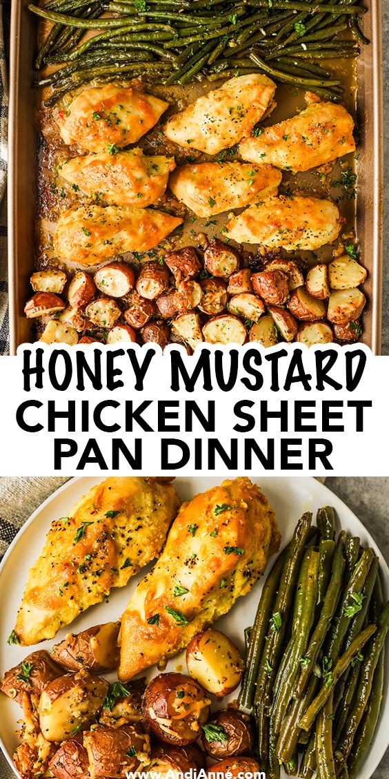 honey mustard chicken and green beans in a pan with text overlay that reads honey mustard chicken sheet pan dinner