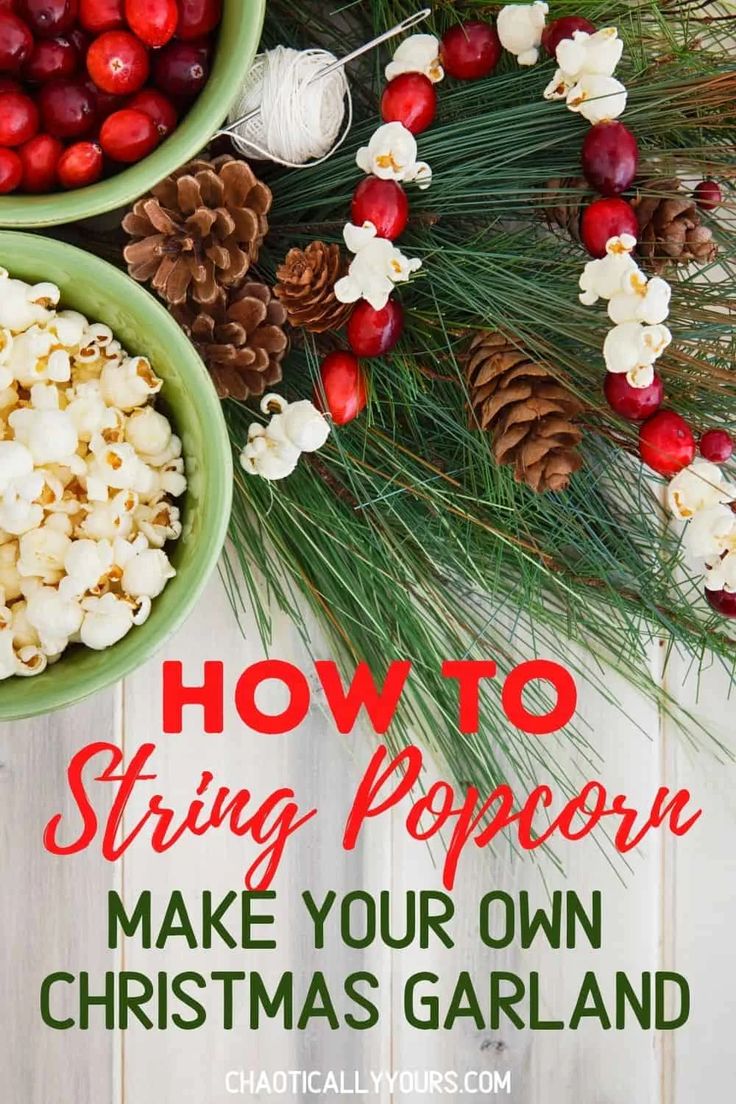 two bowls filled with popcorn next to pine cones and cranberries