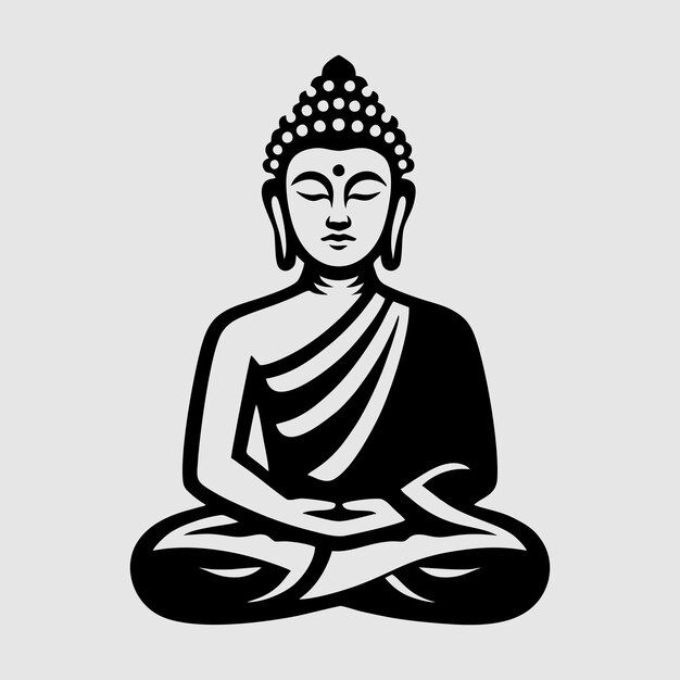 a buddha statue sitting in the middle of a gray background with black and white lines