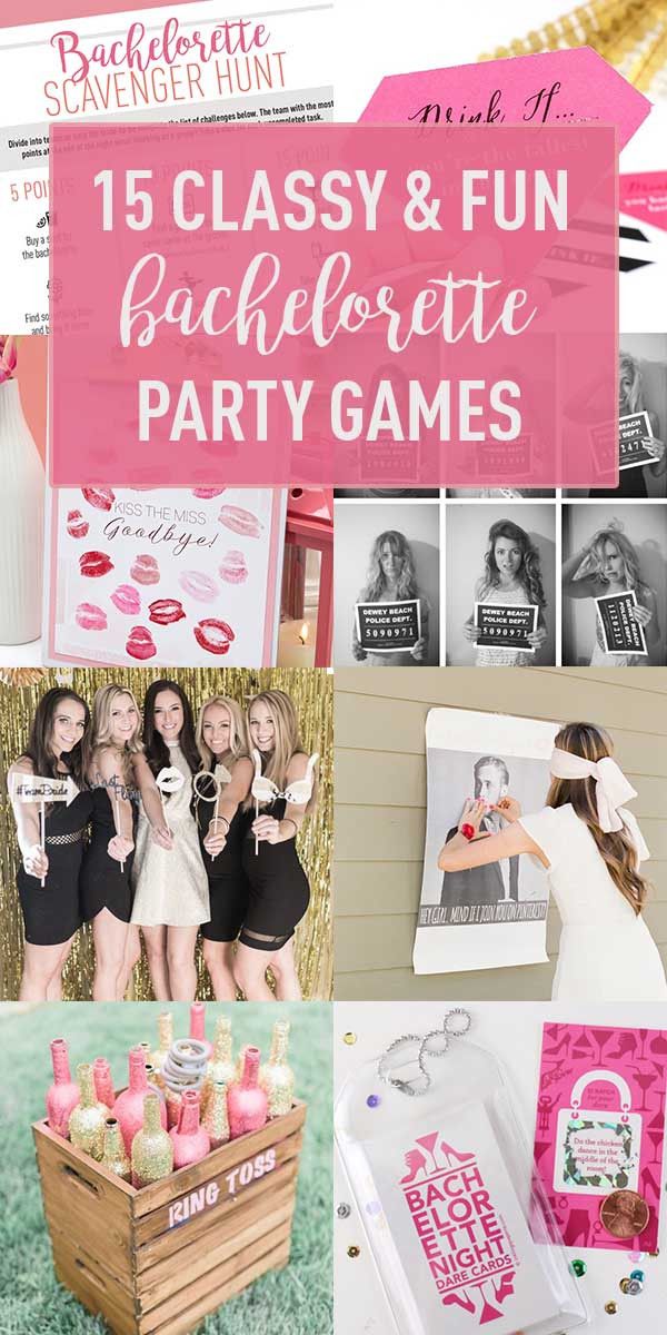 collage of photos with text that reads 15 classy and fun bachelor party games