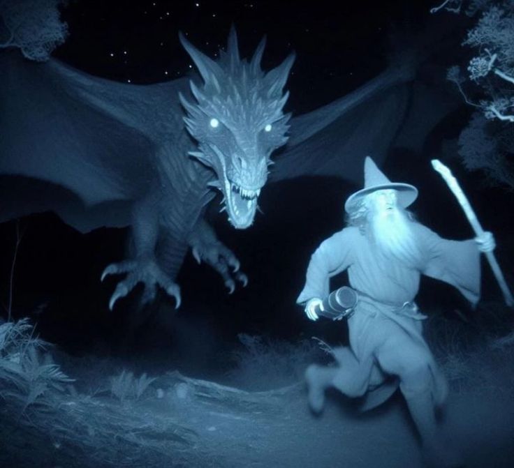 a wizard and a dragon in the dark