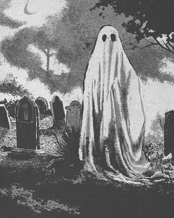 a black and white drawing of a ghost in a graveyard