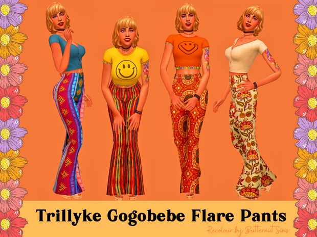 three women in different colored outfits standing next to each other with the words trilyke gogobe flare pants