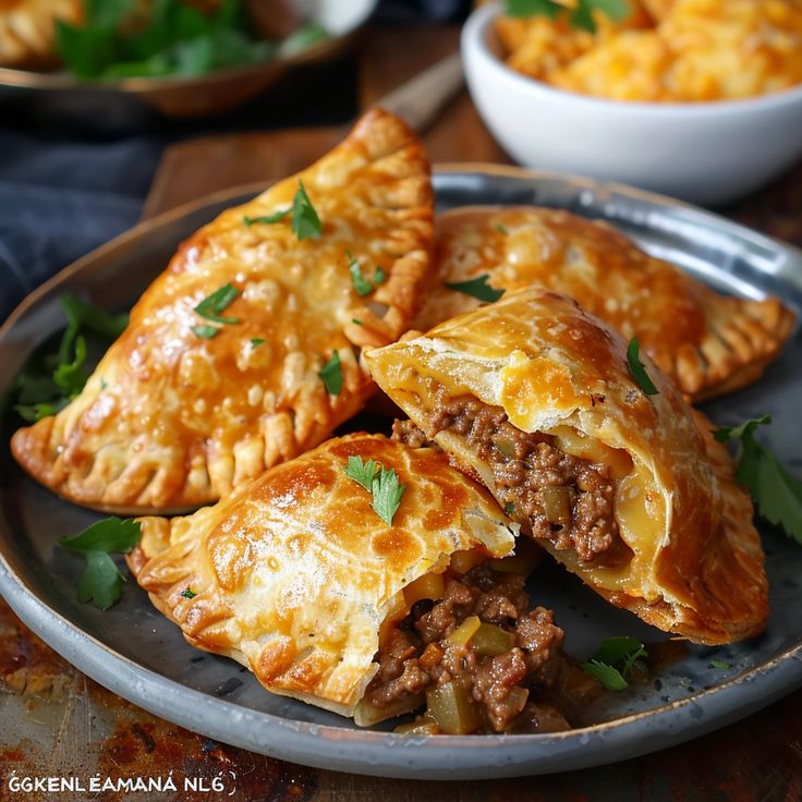 some meat and cheese pastries on a plate