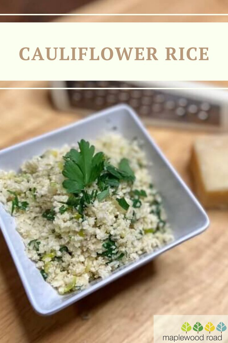 cauliflower rice in a bowl with parsley on top