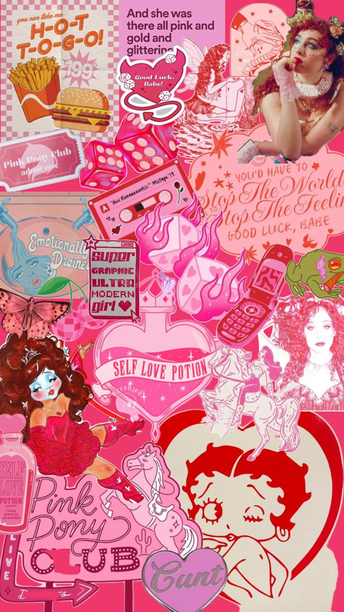 a collage of pink and red stickers