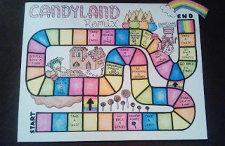 a game board with the words candyland and rainbows on it's side