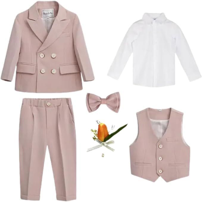 Charming Design: Features a classic double-breasted blazer in a soft pink hue with matching pants, a white shirt, and a coordinating pink bow tie. High-Quality Materials: Made from durable and comfortable fabrics. Elegant Details: Includes sophisticated buttons and front pockets on the blazer. Comfortable Fit: Ensures all-day comfort for your little gentleman. Perfect for Formal Events: Ideal for weddings, special occasions, and family gatherings. Available Sizes: Offered in various sizes to fit Classic Pink Party Sets, Pink Tuxedo With Suit Collar For Semi-formal Occasions, Pink Tuxedo With Suit Collar For Semi-formal Events, Classic Pink Suit For Party, Elegant Pink Tuxedo For Semi-formal Occasions, Solid Color Business Sets For Spring, Elegant Pink Semi-formal Tuxedo, Pink Notch Lapel Tuxedo For Semi-formal Occasions, Classic Pink Tuxedo With Notch Lapel