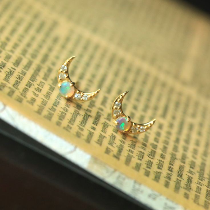 Celestial-Crescent-Moon-Opal-Stud-Earring-18K-Gold-The-Chubby-Paw Moon Stud Earrings, Opal Stud Earrings, Mini Moon, Raw Opal, Moon Studs, Opal Earrings Stud, Opal Studs, Gold Stud, Australian Opal