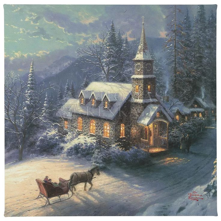 a painting of a church and horse drawn sleigh