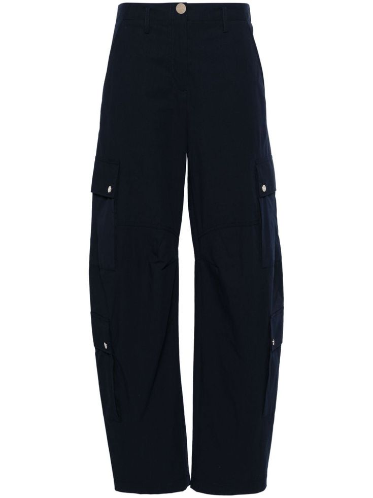 navy blue stretch organic cotton signature Lucky Four Leaf Clover motif gold-tone buttons tapered leg mid-rise front press-stud and zip fastening belt loops two diagonal pockets to the sides multiple cargo pockets straight hem Luxury Tapered Leg Cargo Jeans, Luxury Utility Style Cargo Trousers, Luxury Chic Cargo Trousers, Luxury Black Relaxed Fit Cargo Pants, Luxury Five-pocket Cargo Trousers, Blue Cargo Pants, Yoko London, City Dress, Tapered Pants