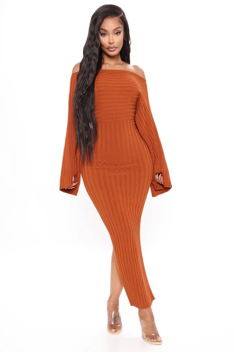 Heather Sweater Midi Dress - Cognac | Fashion Nova, Dresses | Fashion Nova Fitted Longline Fall Dresses, Fall Brunch Fitted Maxi Dress, Off-shoulder Bodycon Dress For Date Night In Fall, Stretch Off-shoulder Midi Dress For Fall, Long Bodycon Dress For Date Night, Formal Off-shoulder Bodycon Dress For Fall, Long Bodycon Sweater Dress For Fall, Fall Formal Bodycon Maxi Dress, Brown Maxi Dress For Fall Evening