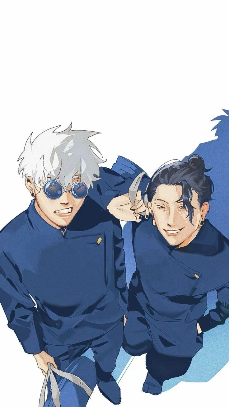 two anime guys with white hair and blue eyes are posing for the camera, one is holding his hand to his ear