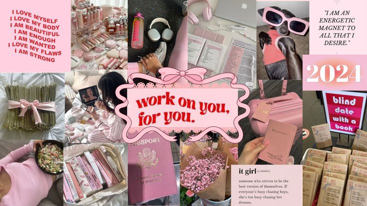 the collage shows pink and white items