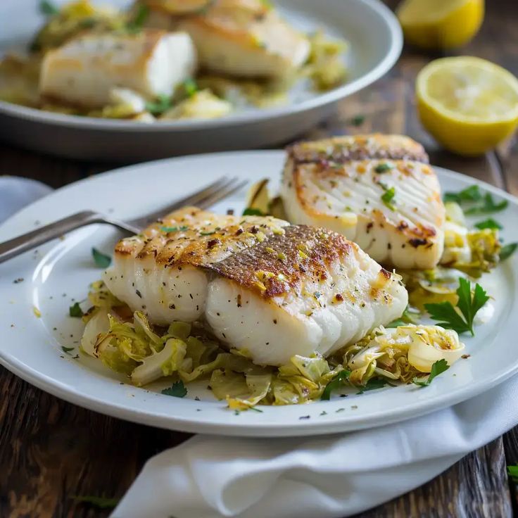 two white plates topped with fish next to lemon wedges and salad on a wooden table