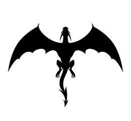 a black and white silhouette of a dragon with its wings spread out, on a white background