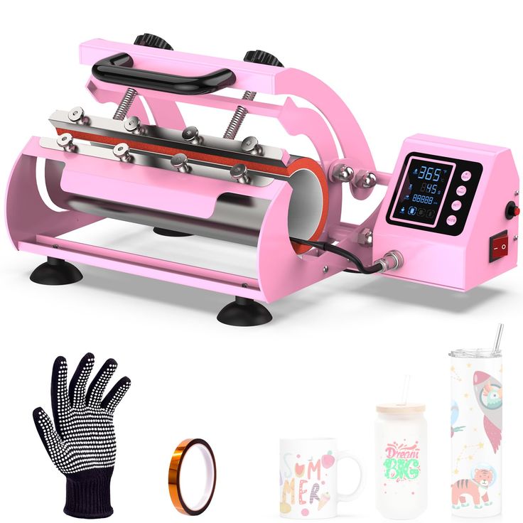 the pink machine is next to two gloves and a cup with an alarm clock on it