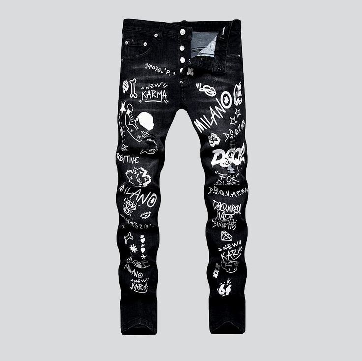 Introducing our Streetwear White Print Black Jeans from the 2023 Autumn Collection - a bold statement for a timeless classic!Why It's Destined to Be Your New FavoriteThese jeans are designed to express your individuality and style. Crafted with modern street style in mind. these black jeans feature a white print and mid-waist silhouette for a look that's both stylish and comfortable.Exquisite Features: Skinny Fit: Cut in a skinny fit. these jeans will hug your curves to create an ultra-flatterin Trendy Fitted Jeans With Letter Print, Black Graphic Print Pants For Fall, Fitted Denim Bottoms With Letter Print, Edgy Black Slim Fit Jeans, Fitted Letter Print Denim Jeans, Black Slim Fit Denim Bottoms, Fall Straight Leg Jeans With Graphic Print, Black Punk Denim Jeans, Black Punk Style Denim Jeans