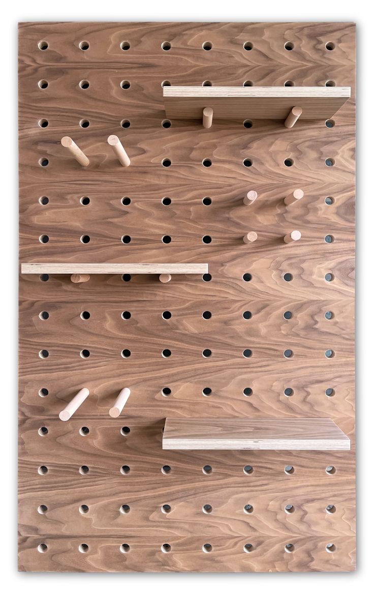 Walnut veneer on birch plywood pegboard with 3 x shelves and pegs made by kreisdesign Peg Board Shelves, Large Pegboard, Peg Board Walls, Pegboard Storage, Pegboard Organization, Pegboard Accessories, Board Storage, Office Guest Room, Outdoor Furniture Plans