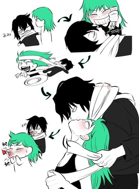 some anime characters with green hair and black clothes, one is hugging the other's head