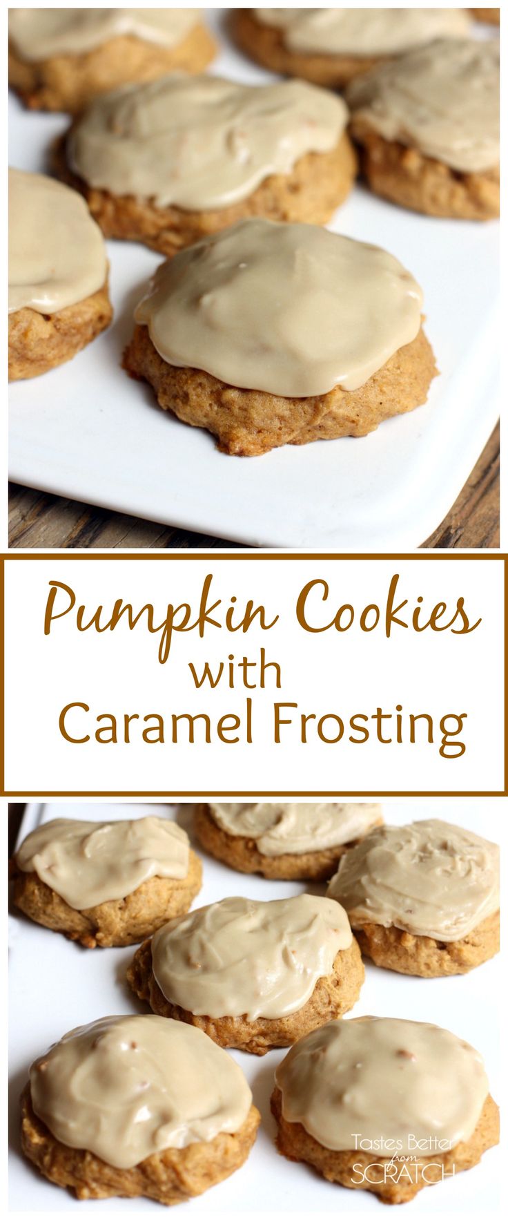 pumpkin cookies with caramel frosting on a white plate