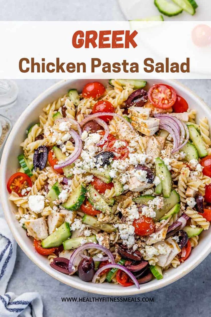 greek chicken pasta salad in a white bowl