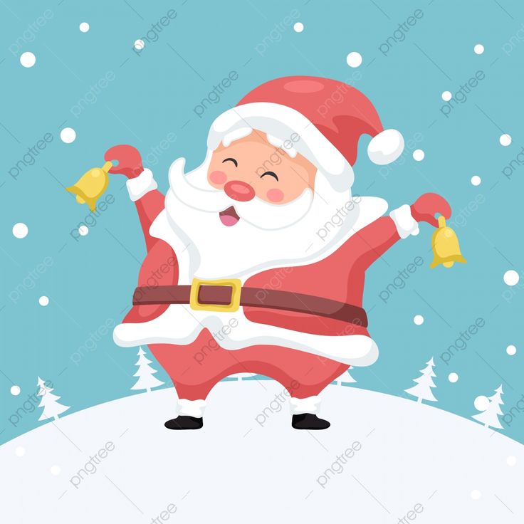 a cartoon santa clause standing on top of a snow covered hill with bells in his hand