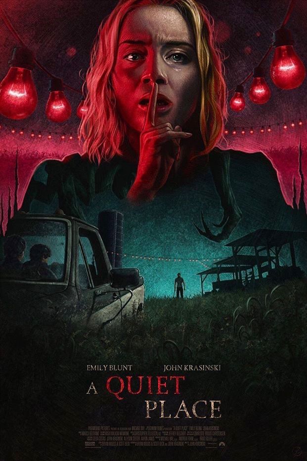 the movie poster for a quiet place with a woman looking at her hand in front of her face