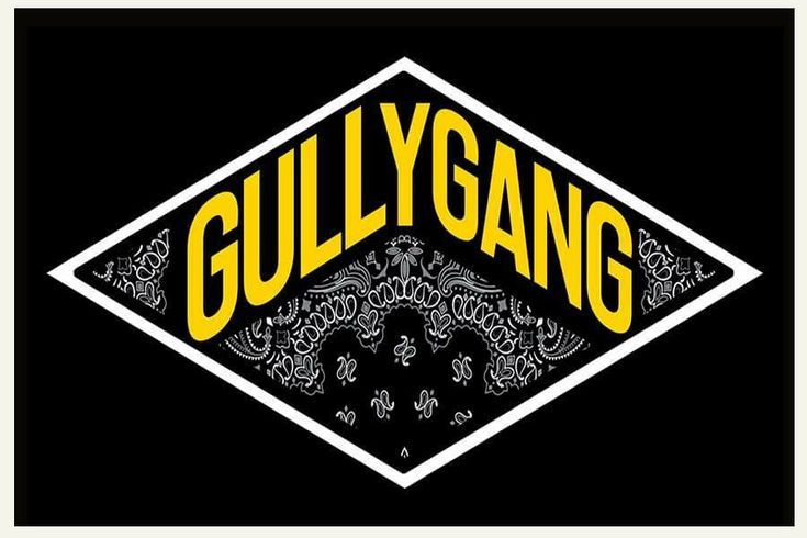 the logo for gullygang is shown in black and yellow with an ornate design