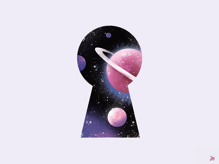 an image of a keyhole with planets in the space on it's side