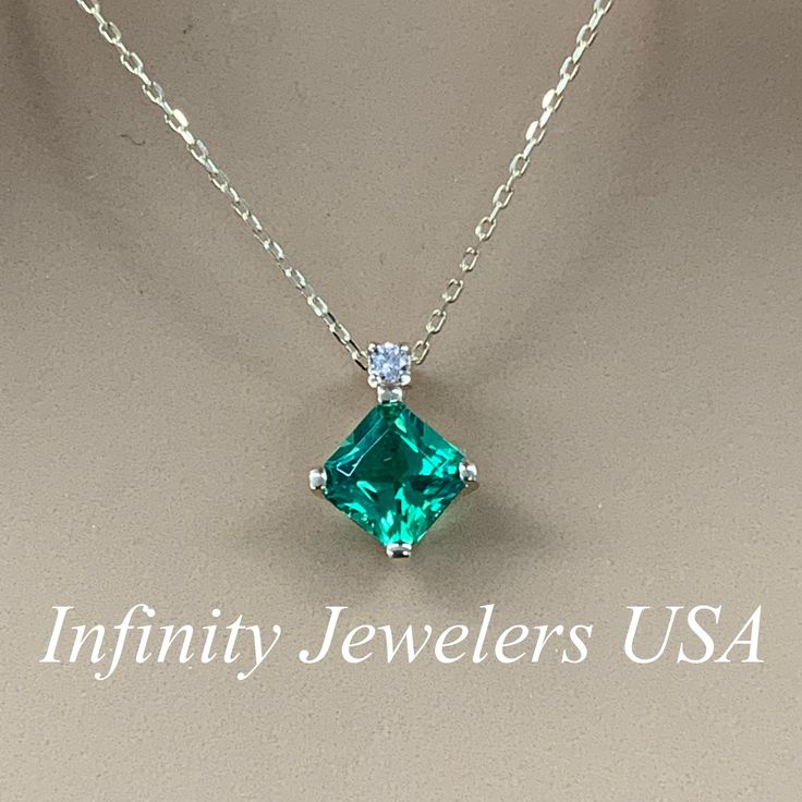 "The pendant pictured is lab created emerald and diamond #6499 -Approximate total carat weight: approx. 1.23ctw diamond equivalent -Center Stone Size: 6x6mm - approx. 1.20ct diamond equivalent -Center Stone Shape: square radiant -Gem Type: lab created emerald -Stone Clarity: VS2 -Stone Color: green -Moh's Scale: 8.5 hardness -Accent Stone Size: 1 round approx. 0.03ct. diamond equivalent -Gem Type: genuine diamond -Stone Clarity: SI1 -Stone Color: GH -Moh's Scale: 10 hardness -Metal Type and Puri Emerald Cut Green Diamond Necklace, Emerald Necklace In Brilliant Cut, Emerald Cut Green Diamond Gemstone Necklace, Dazzling Emerald Diamond Necklace For Anniversary, Dazzling Green Diamond Necklace For Anniversary, Dazzling Emerald Necklace For Anniversary, Fine Jewelry Green Diamond Necklace For Anniversary, Classic Green Emerald Necklace With Diamond Accents, Classic Green Diamond Pendant Necklace