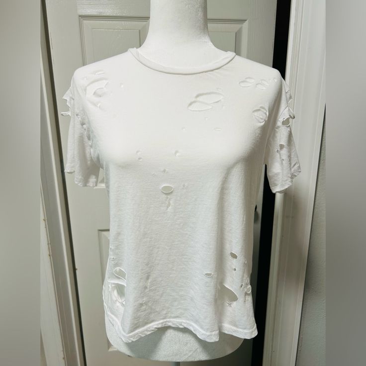 Shein Women’s Distressed, Basic White T-Shirt. Never Worn, But Washed One Time. Size Large Ripped Short Sleeve T-shirt For Summer, Trendy Ripped Summer Tops, White Distressed Crew Neck Top, White Ripped Tops For Spring, White Distressed Cotton Tops, Casual White Distressed Tops, White Distressed Cotton Top, Distressed White Cotton Tops, Distressed White Cotton Top