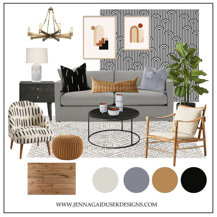 a living room with gray couches, black and white chairs, gold accents on the walls