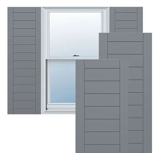 three different types of windows with shutters on each side and one open window in the middle